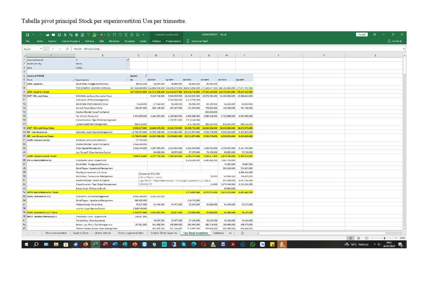 Analisi Portafogli Dei Superinvestitori USA Foglio Excel Aggiornamento Trimestrale Per Investitori