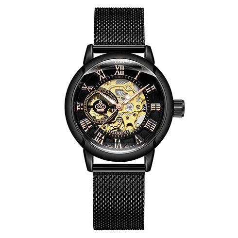 Orologio Automatico Da Donna Orkina Scheletrato Nero Con Cinturino Rete In Acciaio Inossidabile Lusso Per Affari