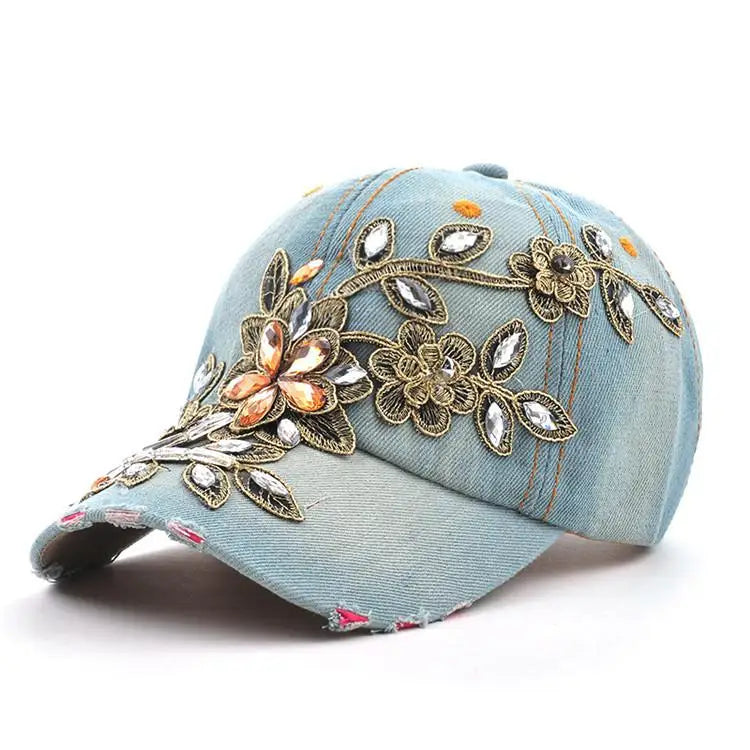 Berretto Da Baseball Da Donna Con Pittura Con Diamanti E Fiore Ricamato In Denim Snapback Estivo Cappello Da Sole