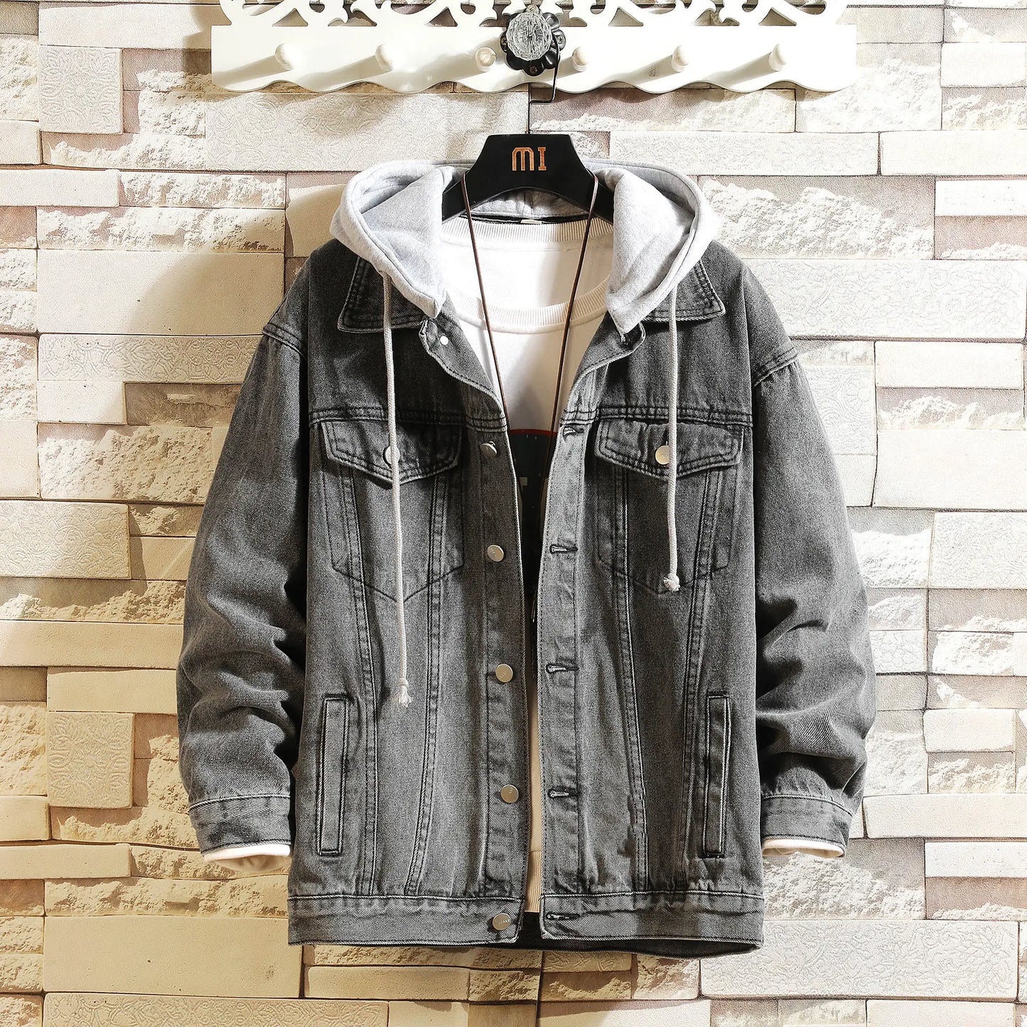 Giacca Jeans Uomo Con Cappuccio Tinta Unita Streetwear Casual Colletto Rovesciato Cappuccio Staccabile