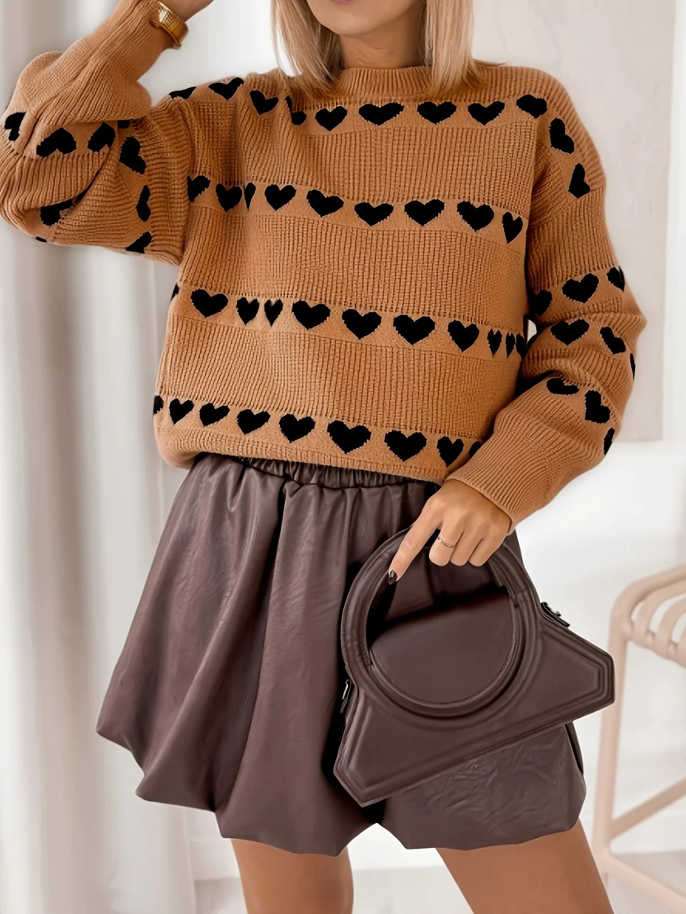 Maglione Donna Elegante Lavorato a Maglia con Motivo Jacquard a Cuore Girocollo Primavera Autunno Top Casual