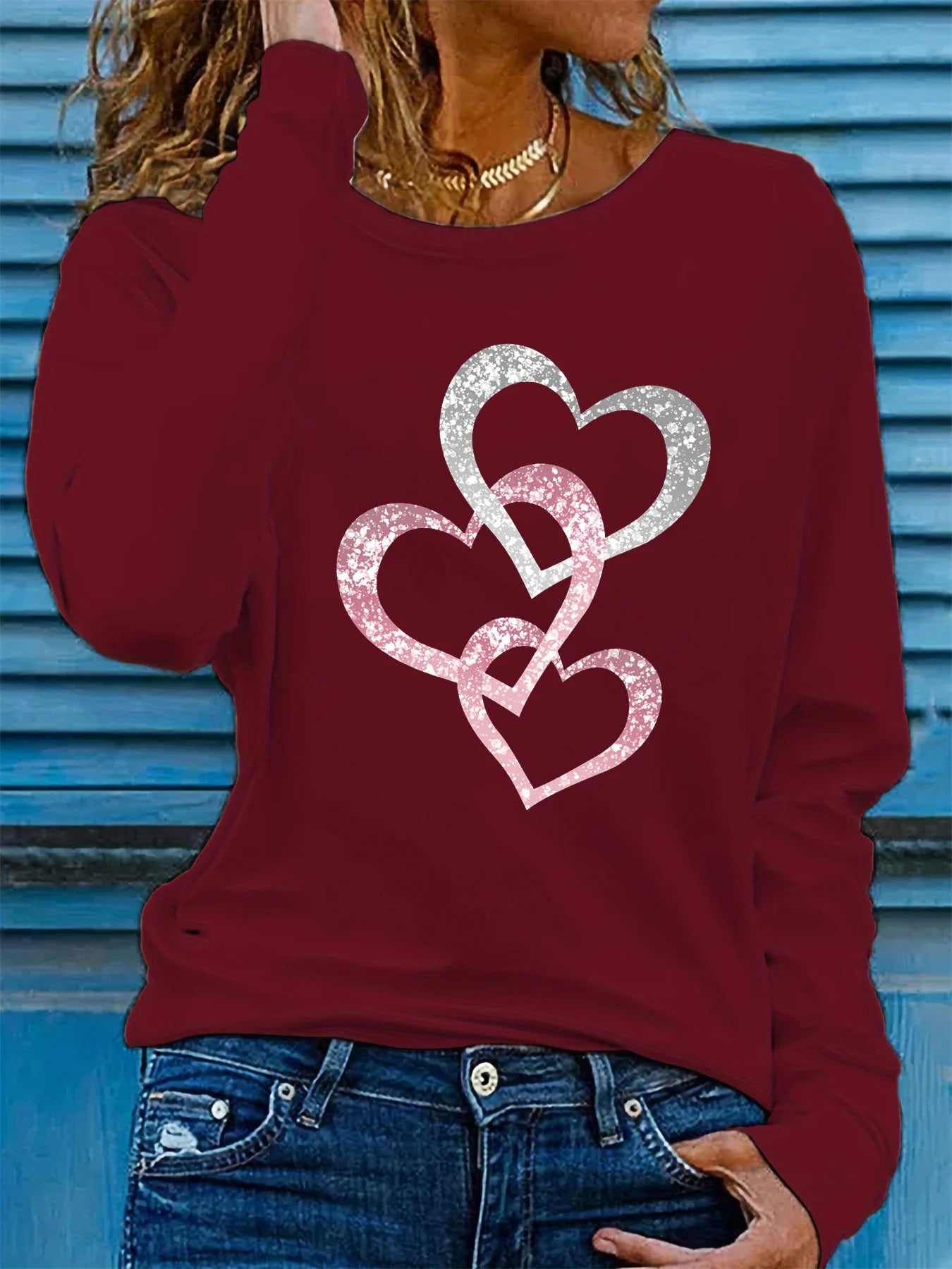 T Shirt Da Donna Maniche Lunghe Con Scollo Tondo Stampa Amore Brillante Moda Casual In Cotone Puro Primavera Autunno