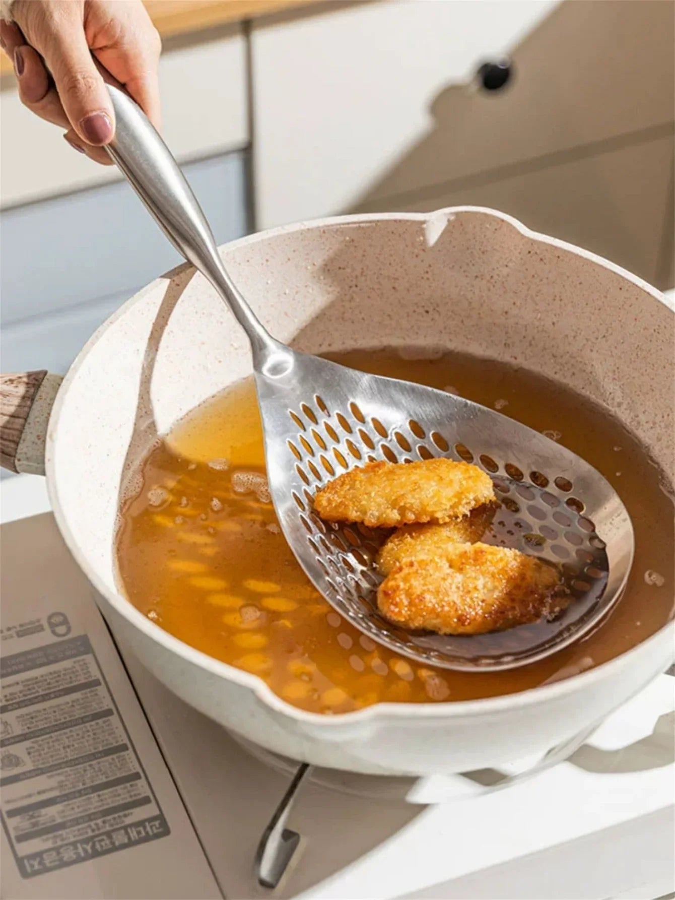 1 cucchiaio per schiumarola grande e durevole in acciaio inossidabile, cucchiaio per colino per alimenti resistente per friggere e cucinare, utensili da cucina