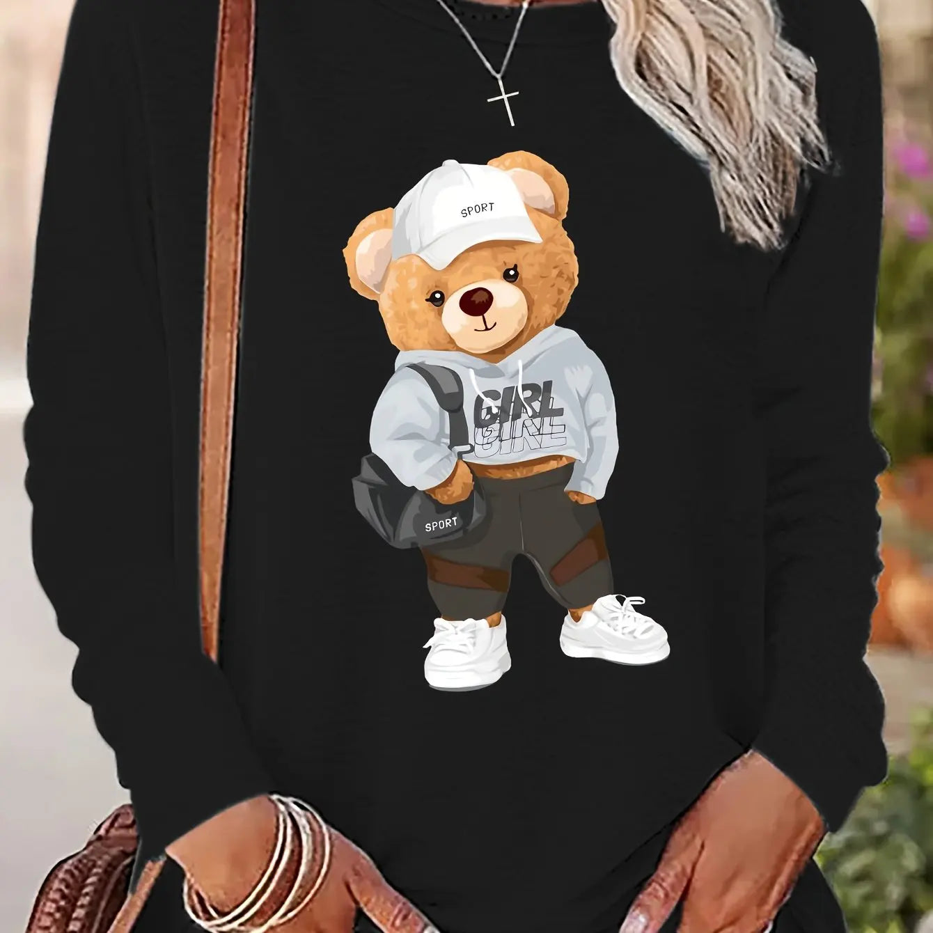 Maglietta Donna Primavera Autunno Cotone Moda Casual Allentata Orso Cartone Stampa Girocollo Manica Lunga