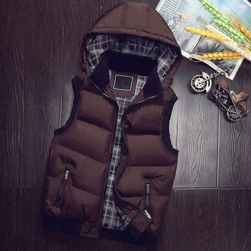 Gilet Invernale Imbottito Da Uomo Con Cappuccio In Cotone Colore A Contrasto Senza Maniche Caldo E Spesso