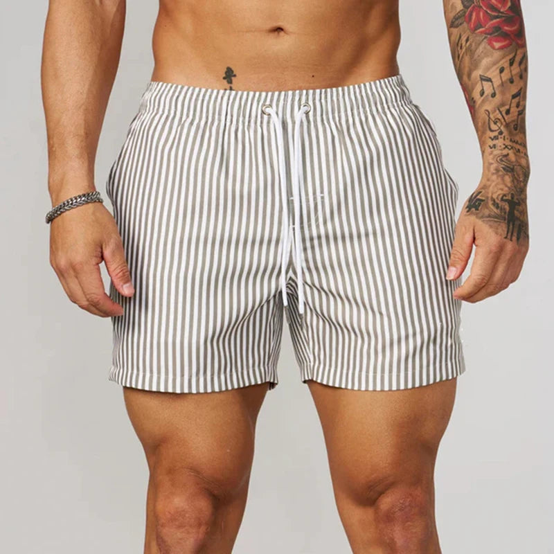 Pantaloncini Da Surf Uomo A Strisce Semplice Linea Sottile Con Coulisse Ad Asciugatura Rapida Spiaggia Estiva
