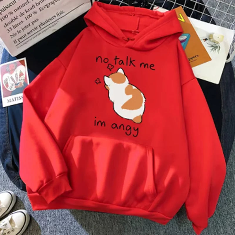 Felpa Con Cappuccio Oversize Donna Stampa Gatto Arrabbiato No Talk Me Cute Hip Hop Streetwear Pile Morbido