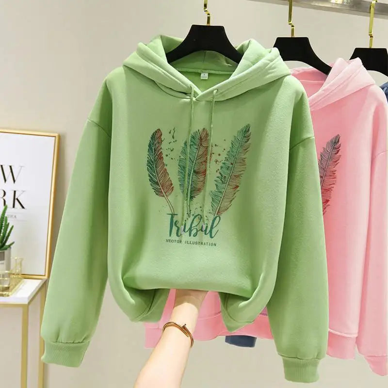 Felpa Con Cappuccio Stampata Con Piume Donna Autunno Inverno In Velluto Casual Oversize