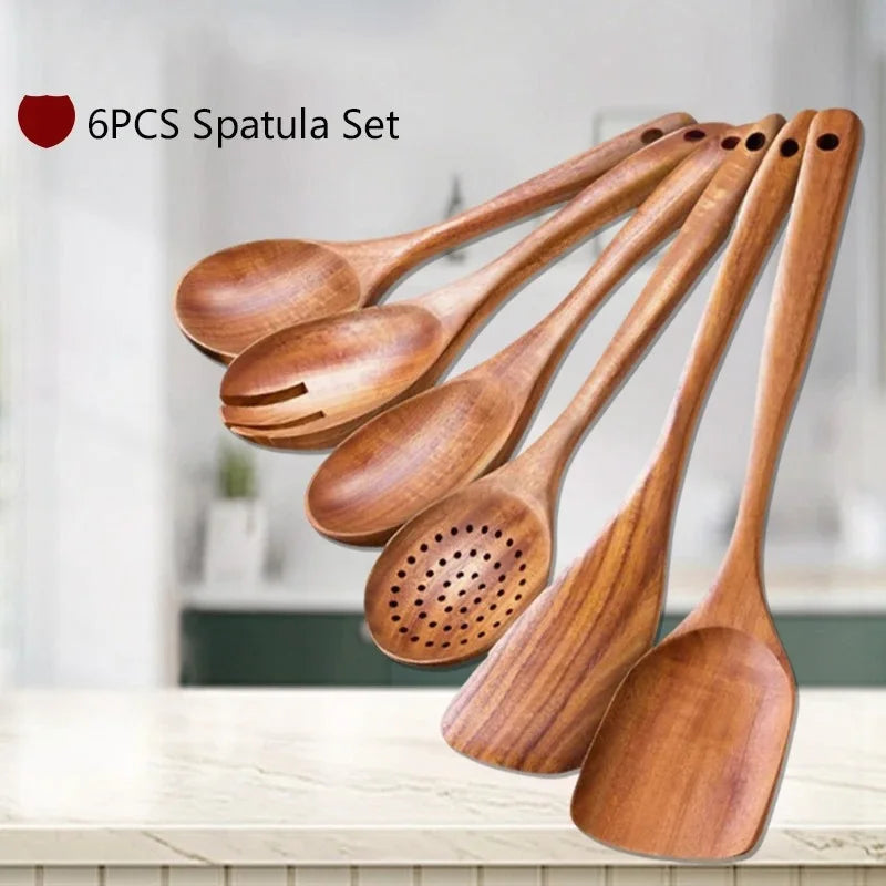 Wxcoo Cucchiai Da Cucina In Legno Di Teak Naturale Set Spatole E Paletta In Legno Antiaderente Utensili Da Cucina