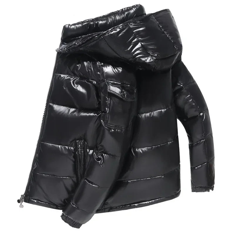 Parka Invernale Uomo Lucido Con Cappuccio Cerniera Spesso Caldo Piumino Anatra Bianca