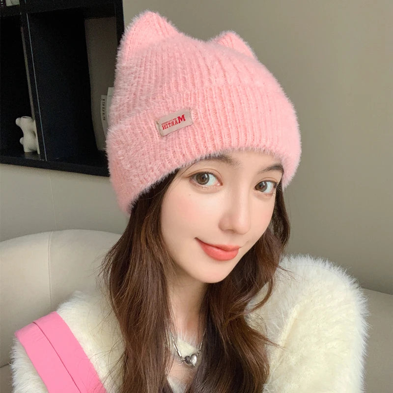 Cappello Invernale Femminile con Orecchie da Gatto Pelliccia Sintetica Lavorato a Maglia Stile Kpop Morbido Berretto