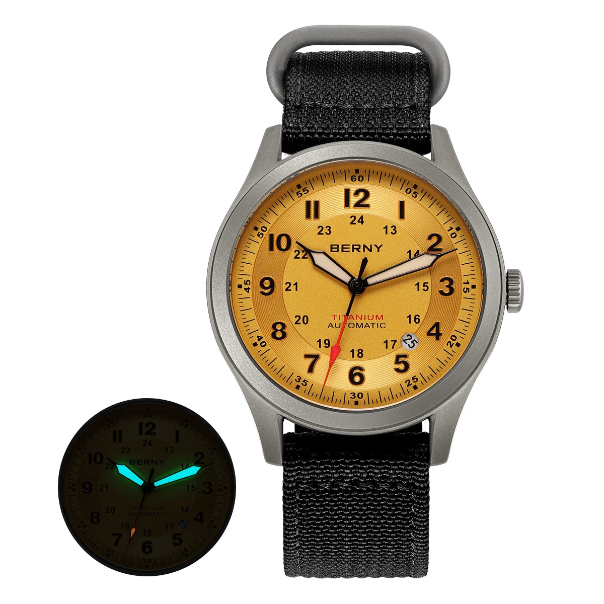 BERNY Orologio Da Campo Da Uomo Automatico In Titanio Con Vetro Zaffiro Luminoso Calendario 10ATM Impermeabile Da Pilota