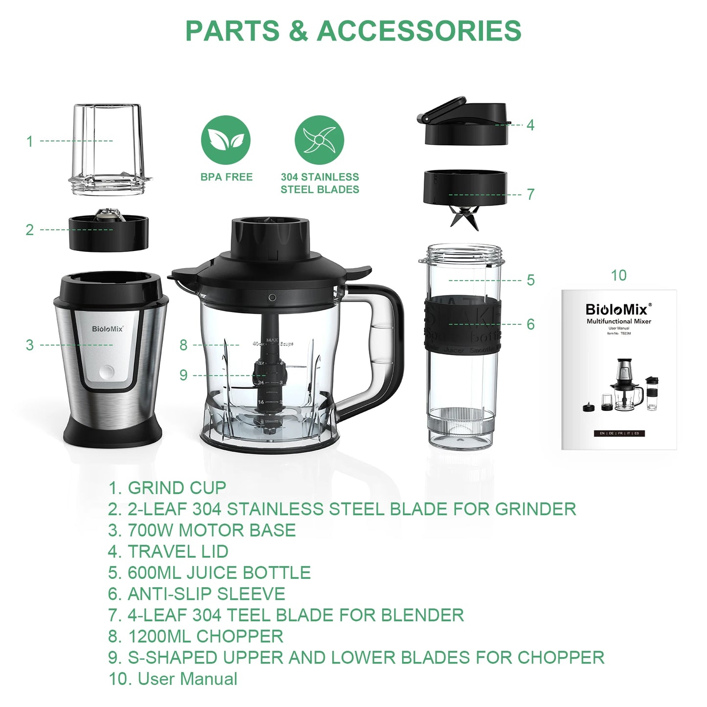Biolomix TB23M Robot da Cucina 3 in 1 700W Potente Multifunzione Frullatore Spremiagrumi e Tritatutto per Famiglie