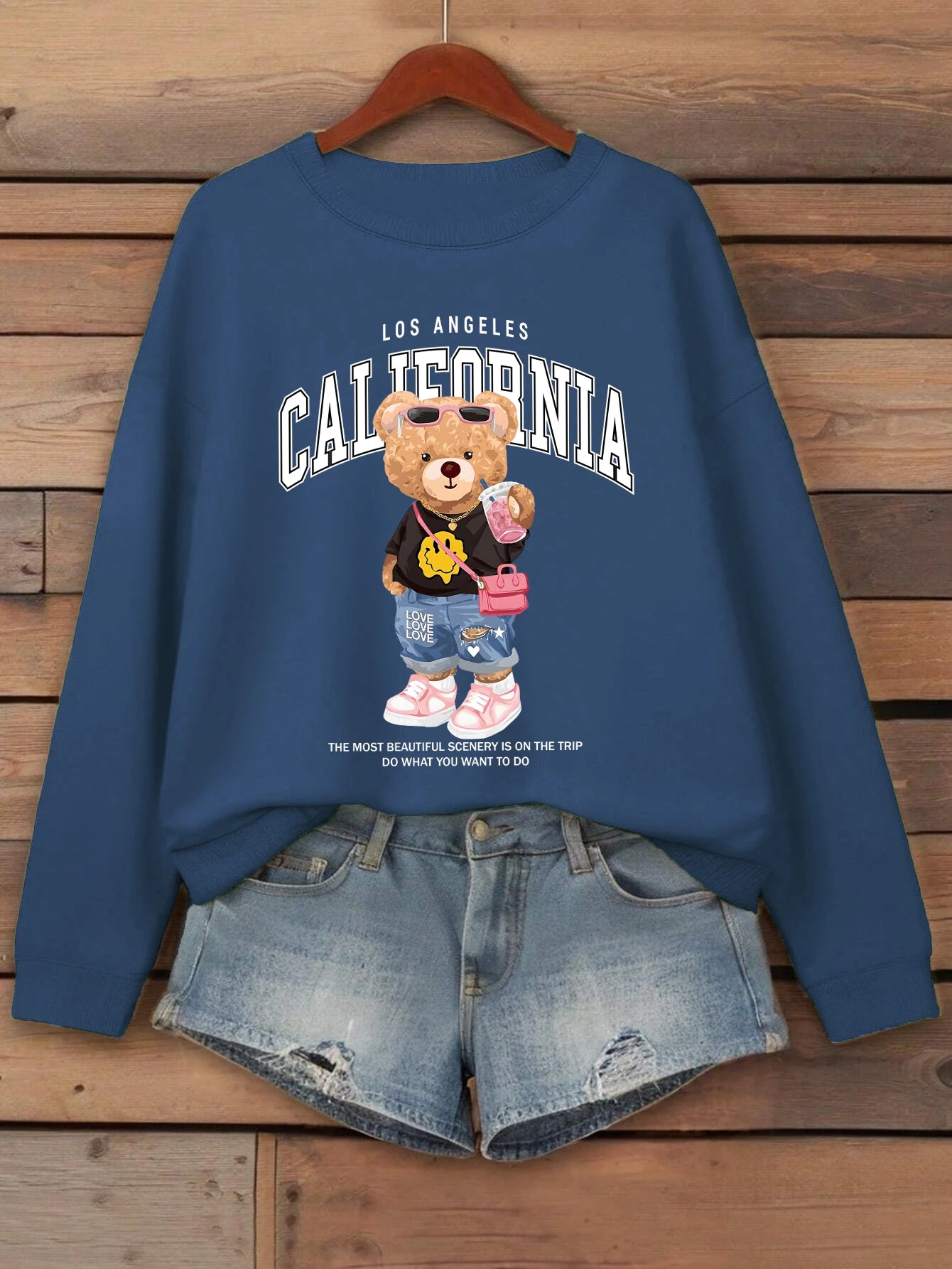 Orsetto Bere Tè Al Latte Stampato Pullover Da Donna Con Collo A O Felpa In Pile Streetwear Autunno