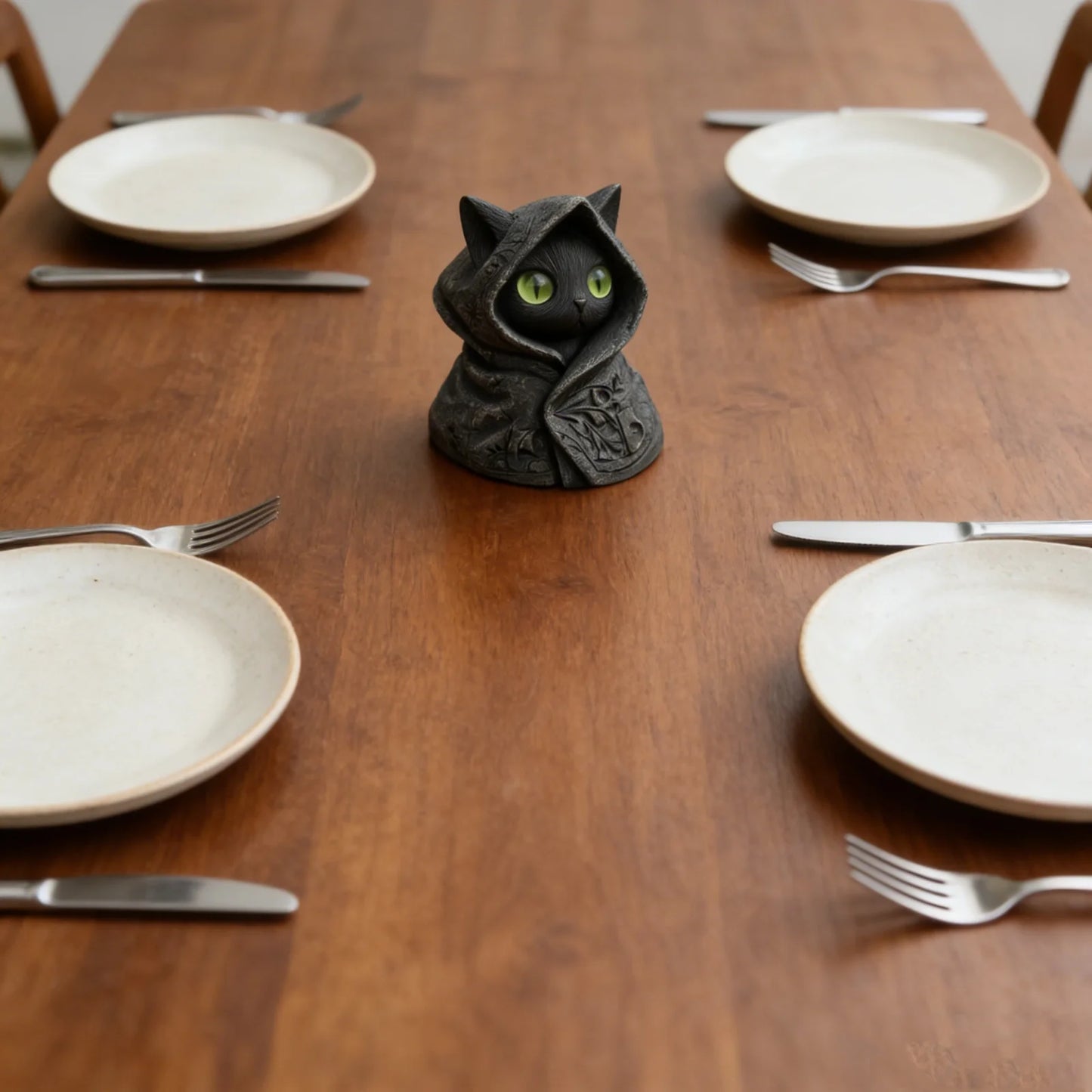 Statuetta Misteriosa Del Gatto Con Cappuccio Nero Gotico In Resina Con Mantello Nero E Occhi Verdi Per Collezione