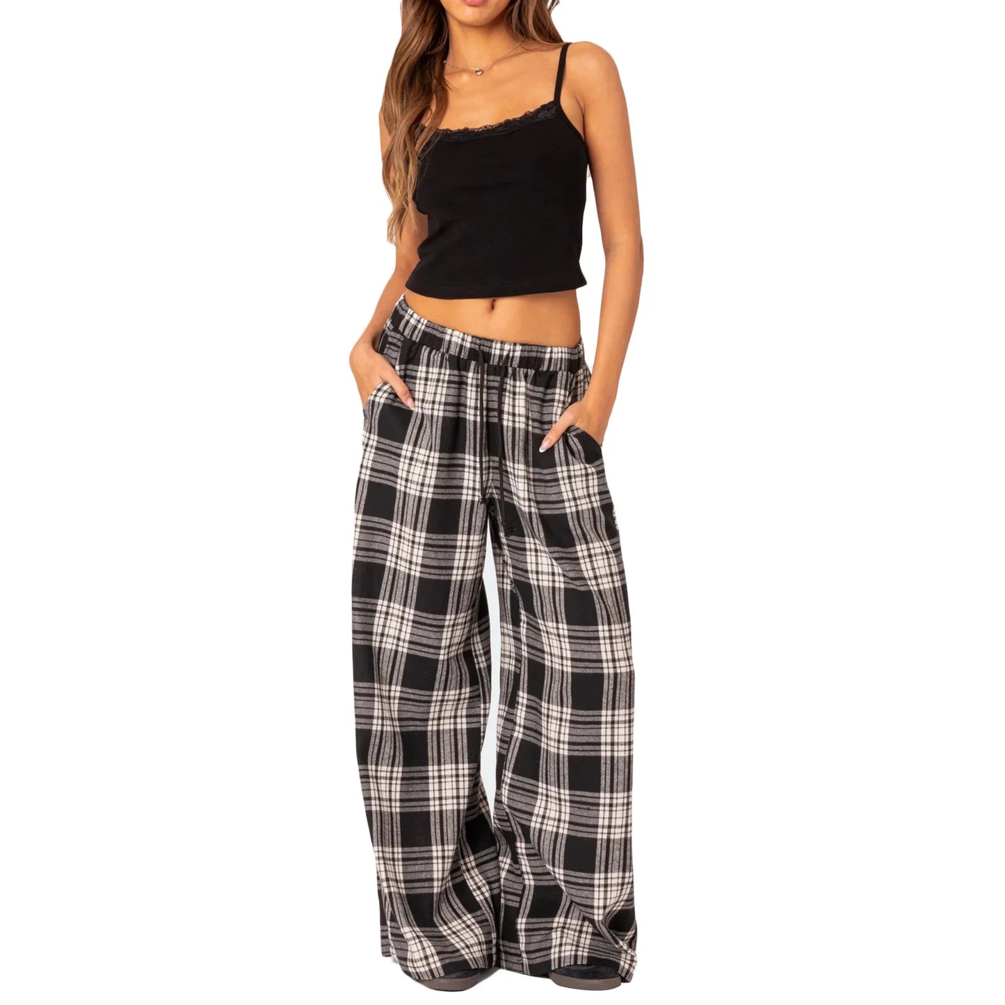 Pantaloni Oversize da Donna Y2K da Salotto Casual Quadri di Moda Elastici Vita Alta con Tasche Pigiama Homewear