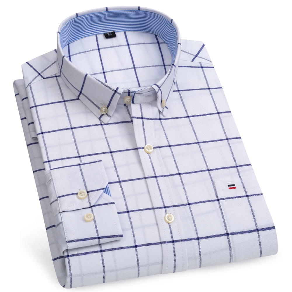 Camicia Da Uomo Oxford Abbottonata Maniche Lunghe In Cotone Al 100 Percento Con Tasca A Quadri Piccoli Stile Casual