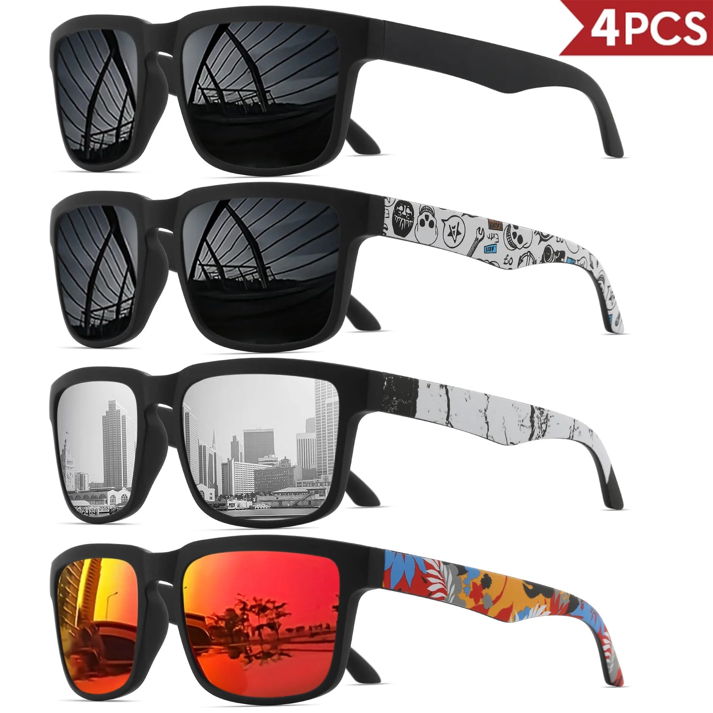 Occhiali Da Sole Sportivi Quadrati 4 Pezzi Motivo Tempio Design UV400 Per Uomini E Donne Vacanze Al Mare