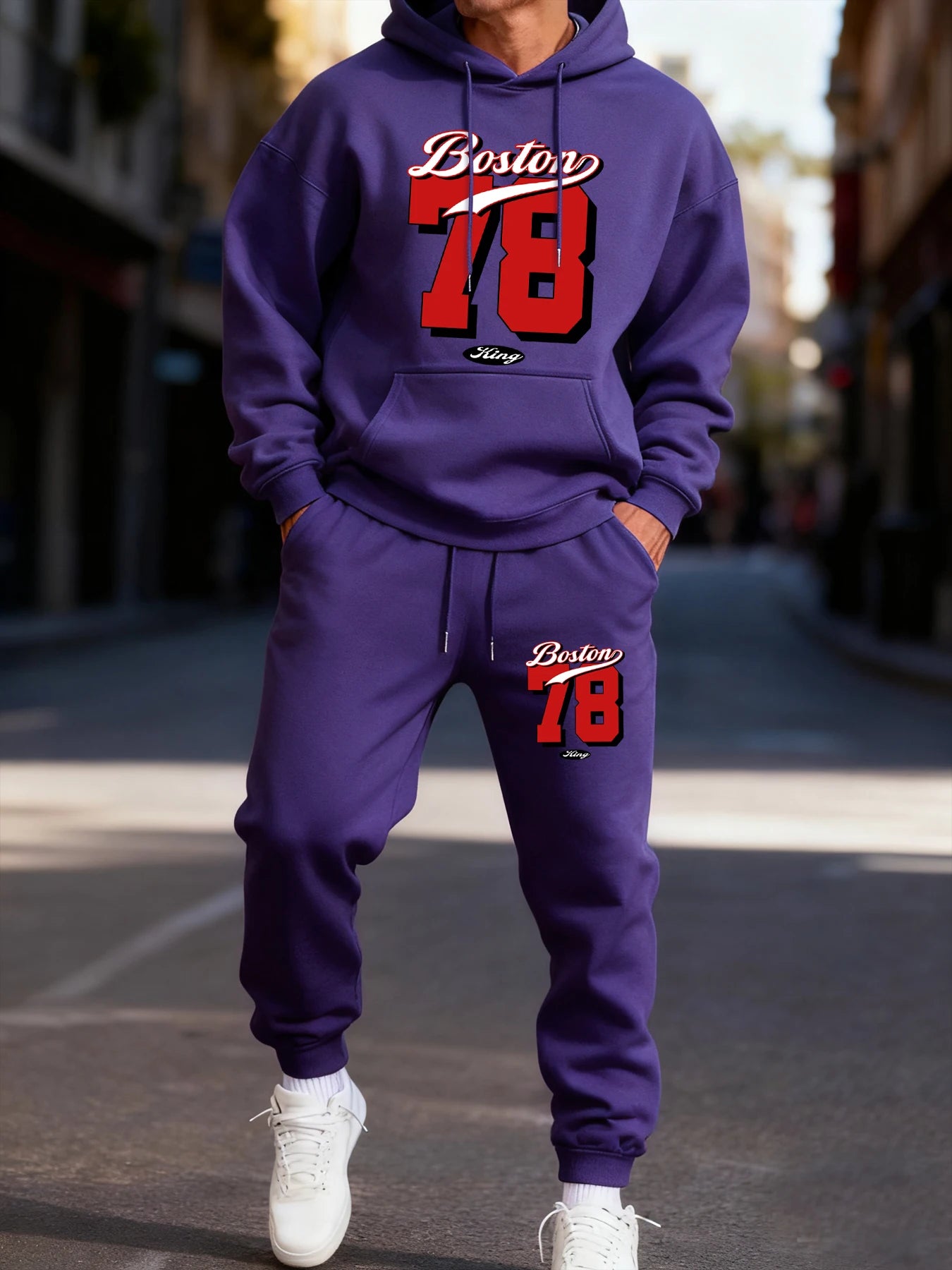 Boston 78 Stampa Felpa Con Cappuccio Da Uomo Due Pezzi Set Autunno Inverno Abbigliamento Sportivo Completo