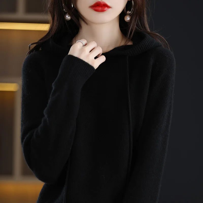 Maglione Con Cappuccio Donna Autunno Inverno Maniche Lunghe Tinta Unita Felpa Lavorata A Maglia Con Coulisse Allentate