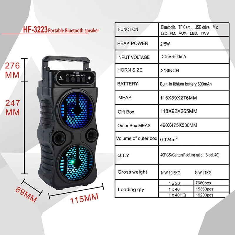 Altoparlante Wireless Portatile Esterno Con Doppio Subwoofer Stereo Da 3 Pollici USB Alimentatore Per Feste Karaoke