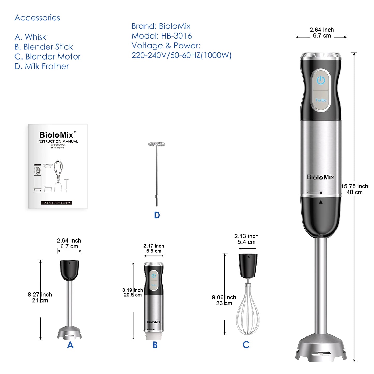 Frullatore Manuale Ad Immersione BioloMix 3 In 1 Da 1000 W Con Lama In Acciaio Inossidabile 304 Per Frullati E Purea