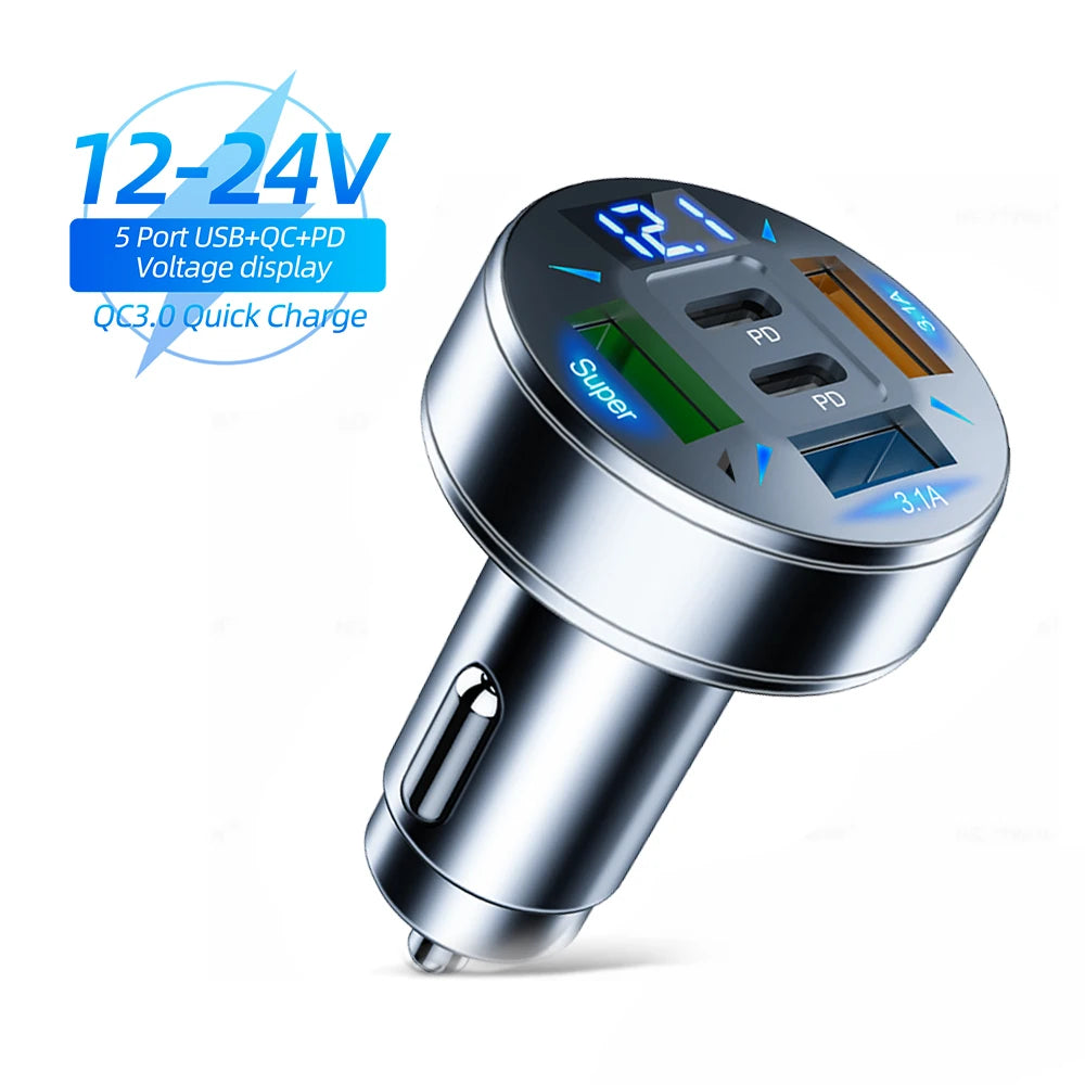 Caricabatteria Auto Kebidumei 250 W a 5 Porte Ricarica Rapida PD QC3.0 USB C per IPhone Samsung Huawei Xiaomi