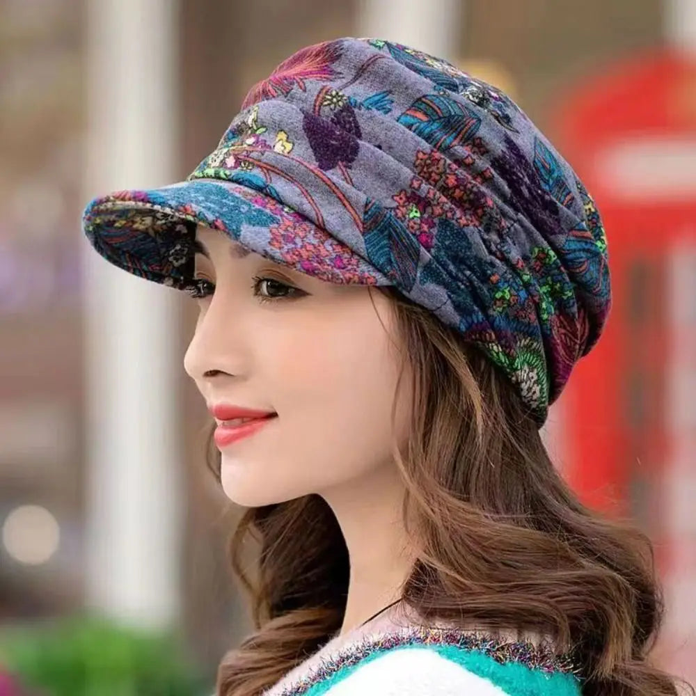 Cappello Da Donna Con Visiera Corta E Berretto Slouch Floreale Avvolgente Per Inverno Outdoor Caldo