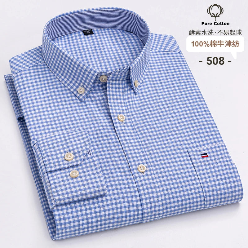 Camicia Da Uomo In Cotone Oxford A Quadri Maniche Lunghe Vestibilità Regolare Con Tasca Frontale