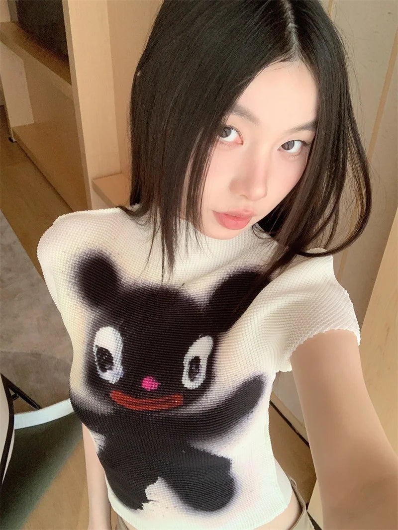 Cheerart Y2K Moda Crop Top Piega Da Donne Estate Manica Corta Kawaii Cartoon T Shirt Abbigliamento