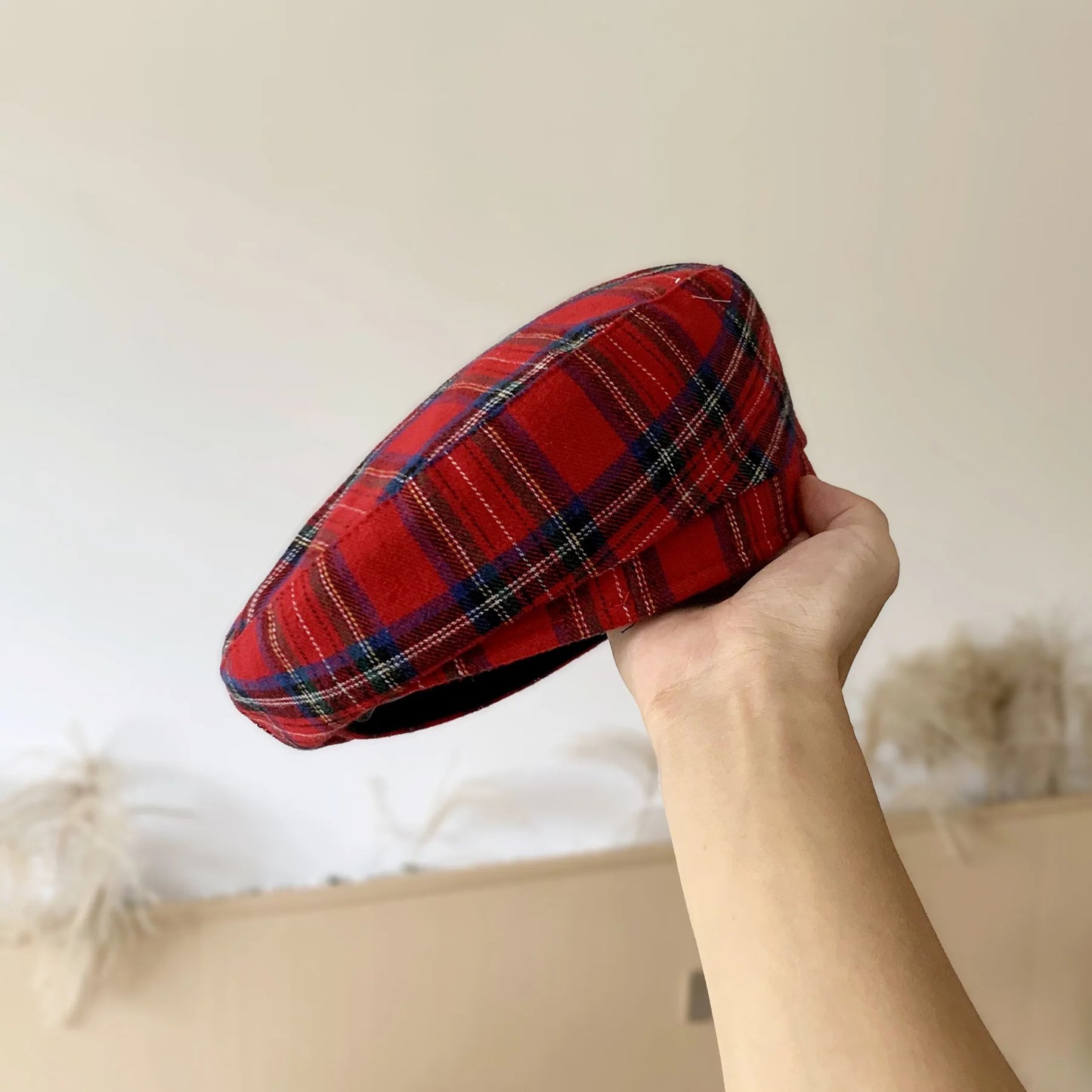 Berretto Scozzese Rosso Unisex Plaid Motivo Profilo Piatto Stile Retrò Caldo Comfort Elegante Donna Uomo