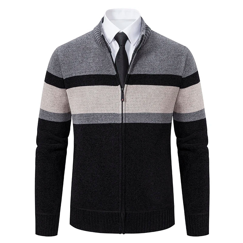 Nuovo Maglione Invernale da Uomo in Pile Spesso con Colletto Coreano e Cerniera Cardigan Casual a Righe