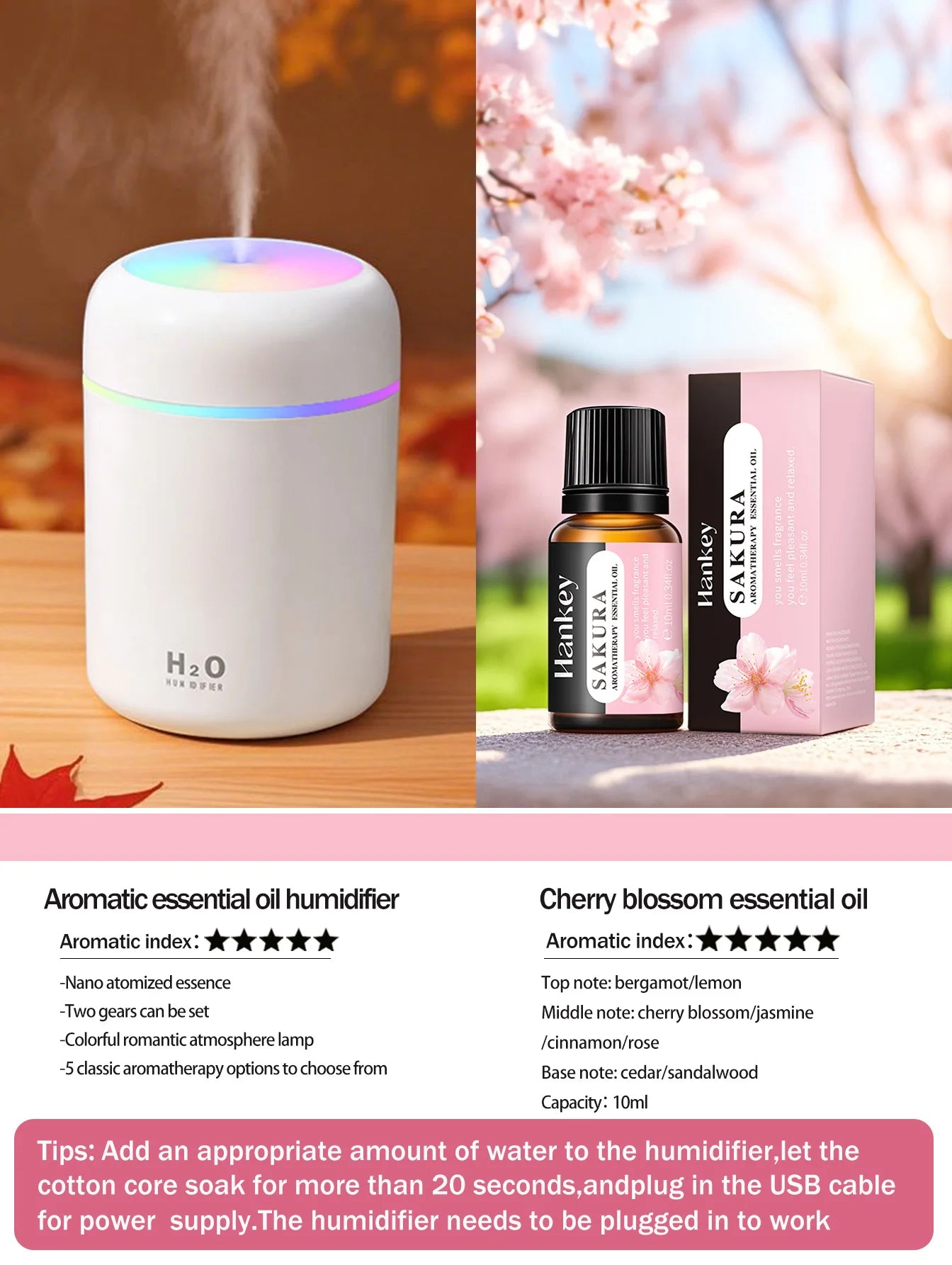 Diffusore Aromaterapia Umidificatore Purificatore D'Aria 300ml Luce a Sette Colori Olio Essenziale per Uso Domestico