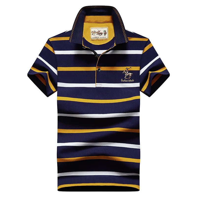 Polo Uomo Slim Fit A Righe In Puro Cotone Estate Manica Corta Collo Flip Elegante