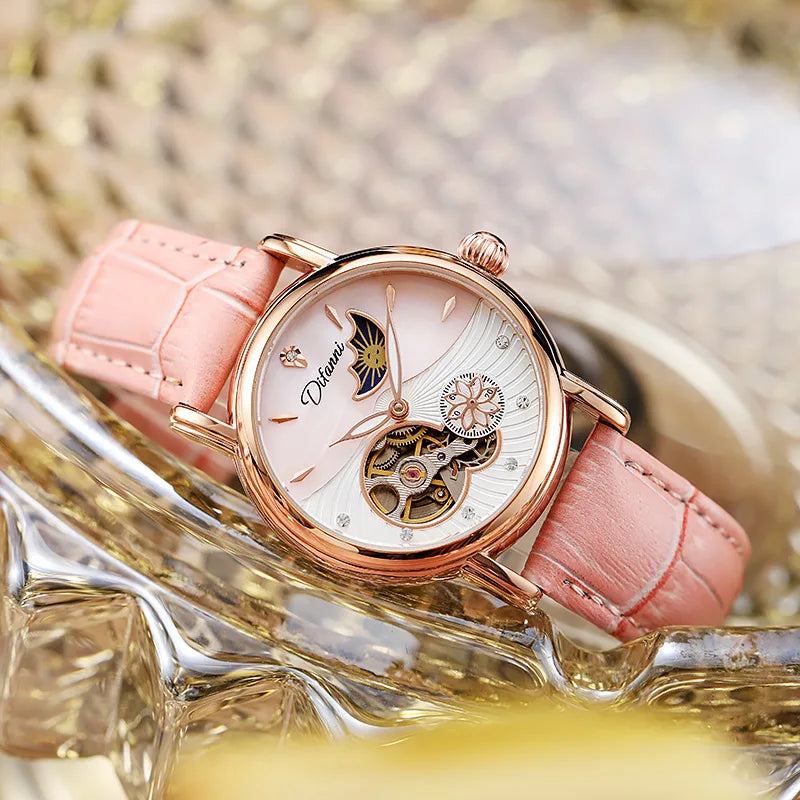 Orologio Da Donna Automatico Impermeabile Con Fasi Lunari E Fiori Girevoli Lusso Di Marca Pregiata
