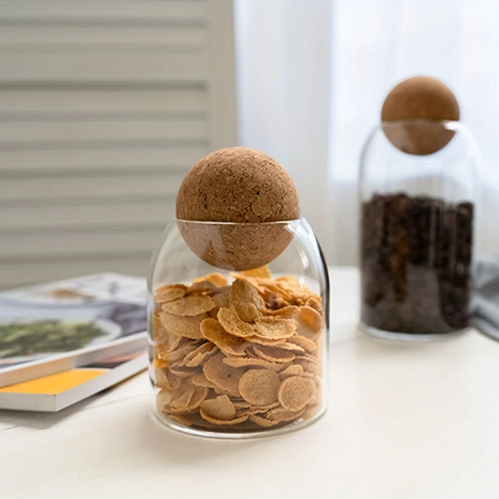 Set Barattoli In Vetro Per Cucina Tre Pezzi Con Coperchio Ermetico In Legno E Sfera Di Sughero Capacità 0,5 1 L Ecologici Decorativi