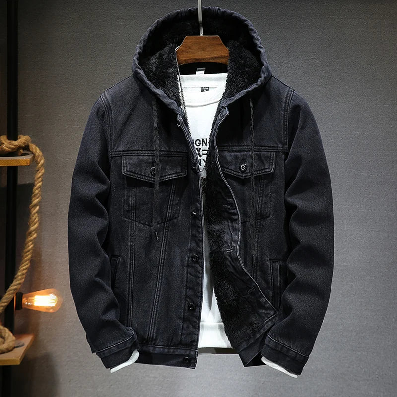 Giacca Jeans Uomo Invernale Termica Spessa Con Cappuccio In Pile Denim Casual Fit Trend