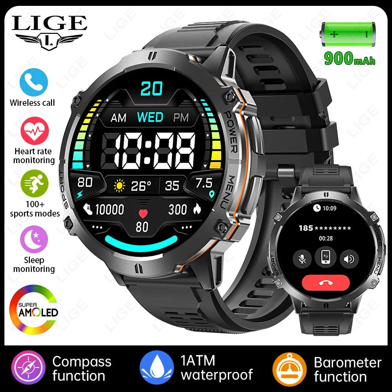 LIGE Orologio Smartwatch Uomo Con Display AMOLED Altimetro Barometro Bussola Batteria 900mAh Ultra Lunga Durata Sportivo