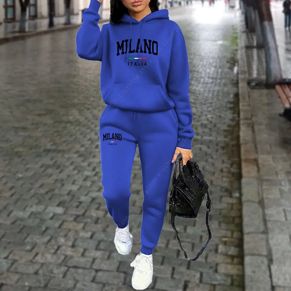 Tuta Da Donna 2 Pezzi Autunno Inverno Set Con Cappuccio Pantaloni Stampa Lettera Milano Estetica Sportiva