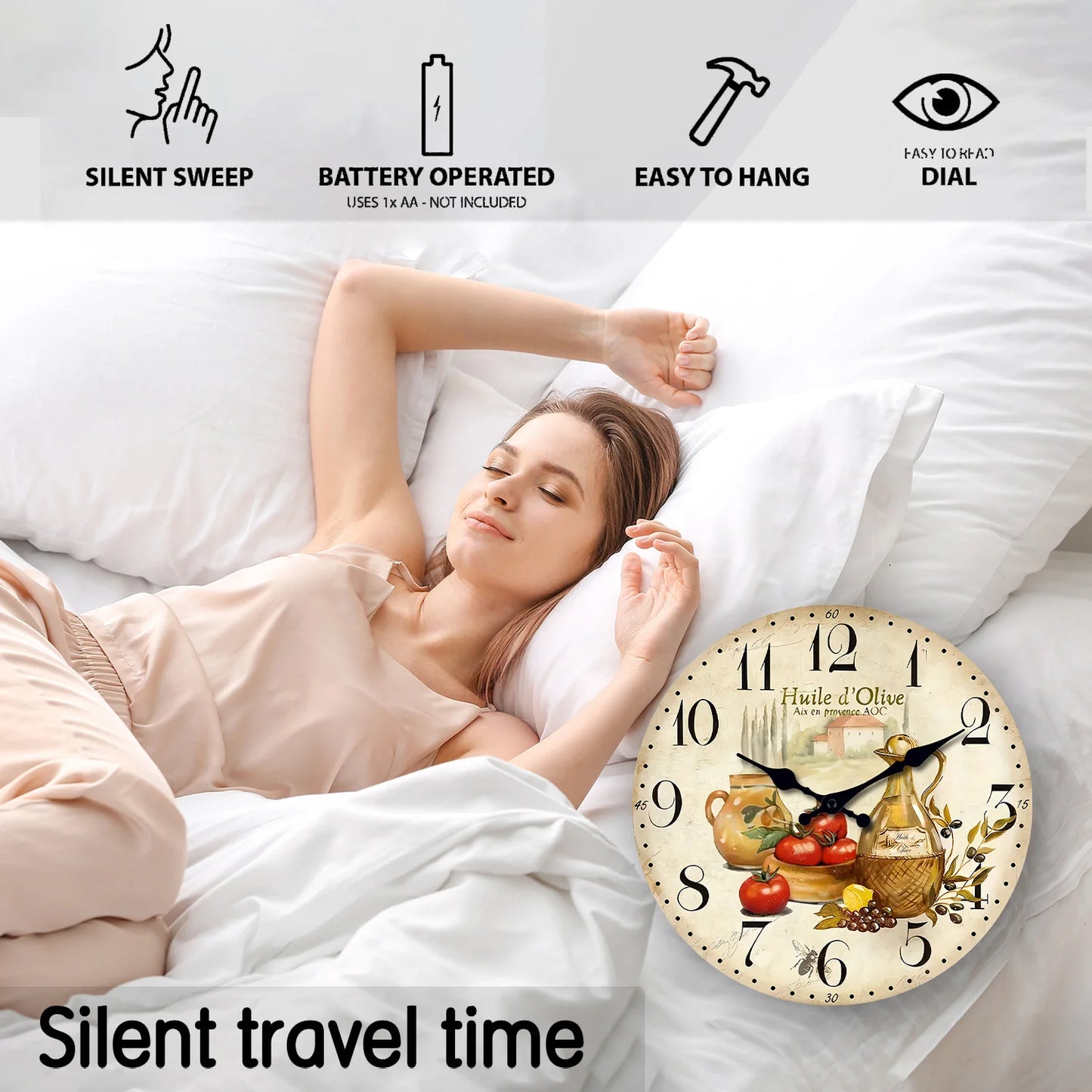 Orologio Da Parete In Legno Motivo Oliva Pomodoro Retrò Quarzo Silenzioso Per Soggiorno Cucina Letto 10 E 12 Pollici