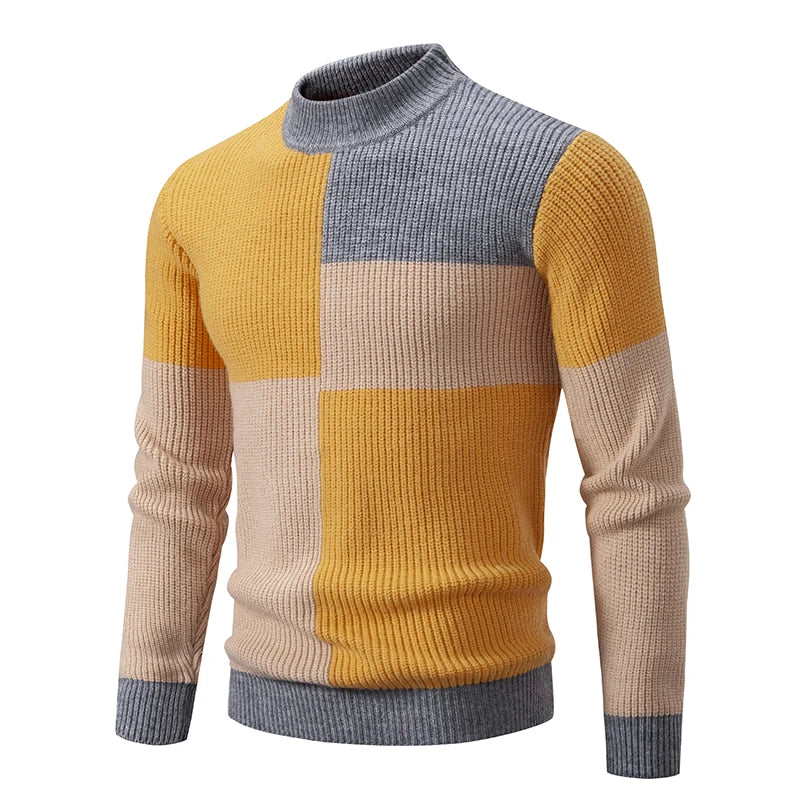 Pullover a Collo Finto da Uomo Patchwork Slim Fit Maglione Lavorato a Maglia Autunno Inverno