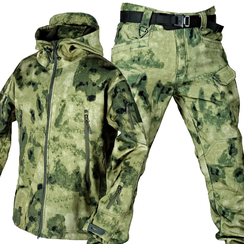 Completo Tattico Mimetico Uomo Giacca Impermeabile Con Cappuccio Zip Pantaloni Softshell Militari Tuta Invernale Pile