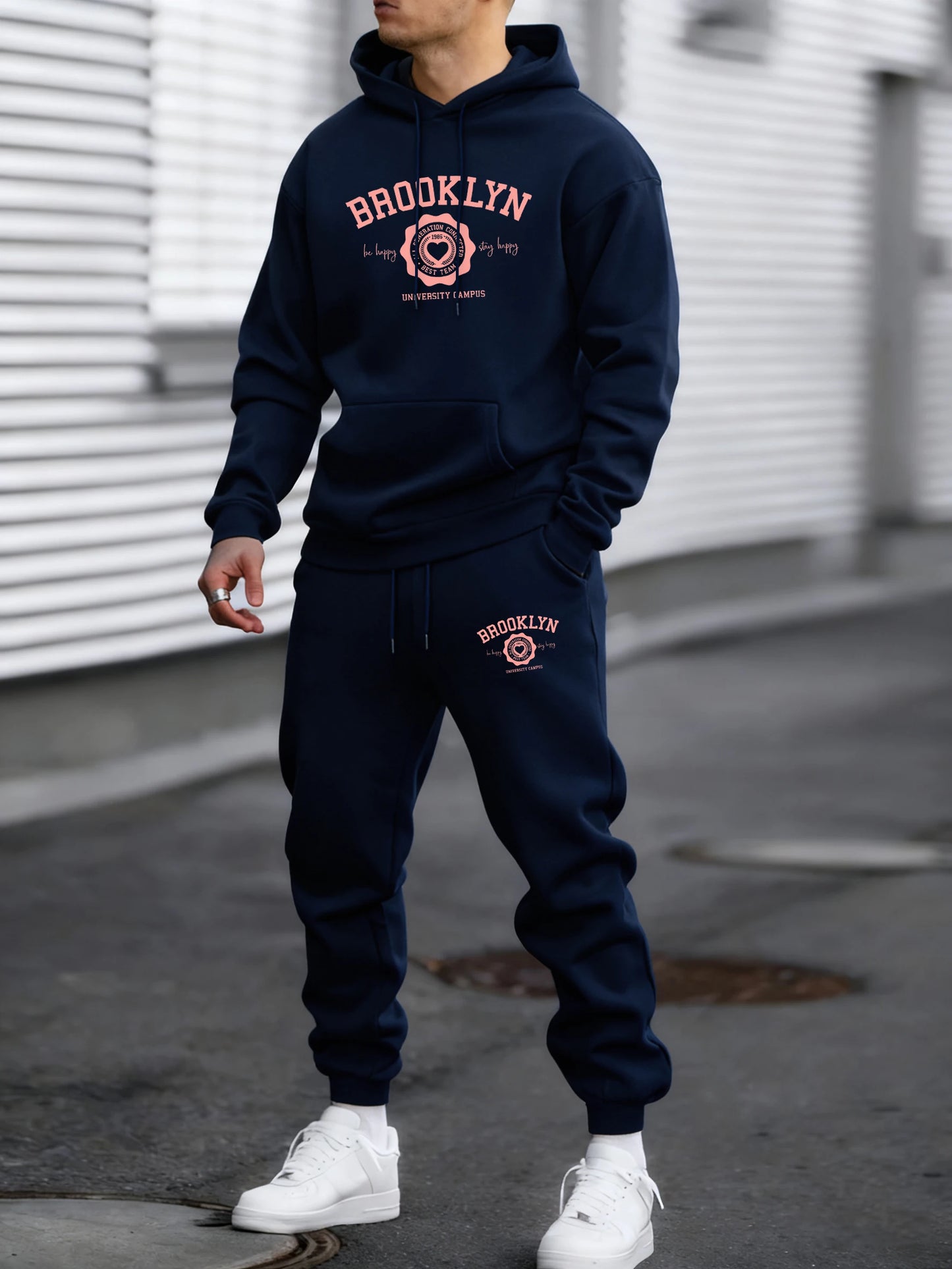 Felpa Con Cappuccio Uomo Heart Print Brooklyn Best Team Autunno Hip Hop Morbido Pile Pantaloni Semplici Sportivi