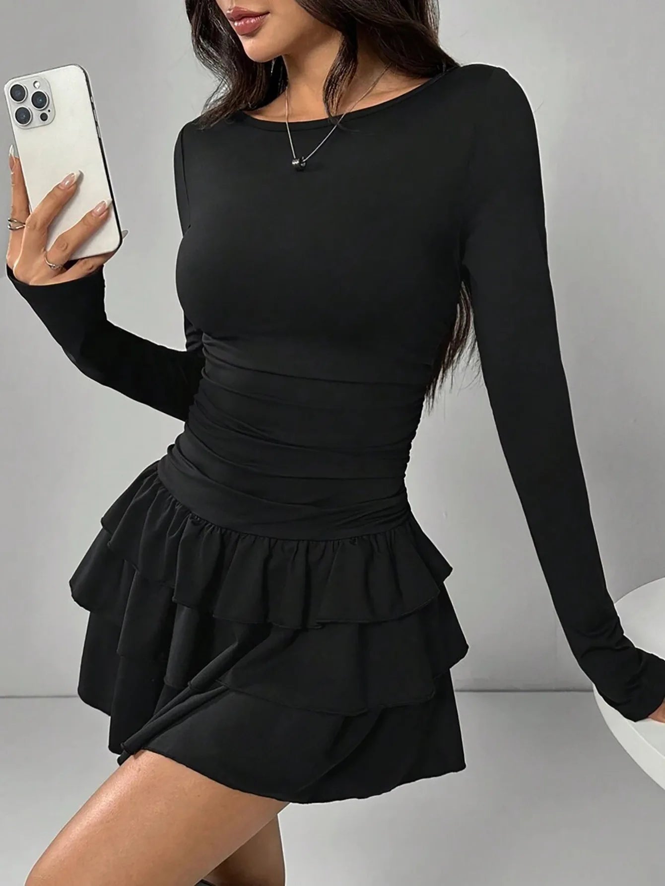 Abito Da Donna Slim Fit Autunno Inverno Midi Vita Alta Empire Tinta Unita Con Increspature E Maniche Svasate