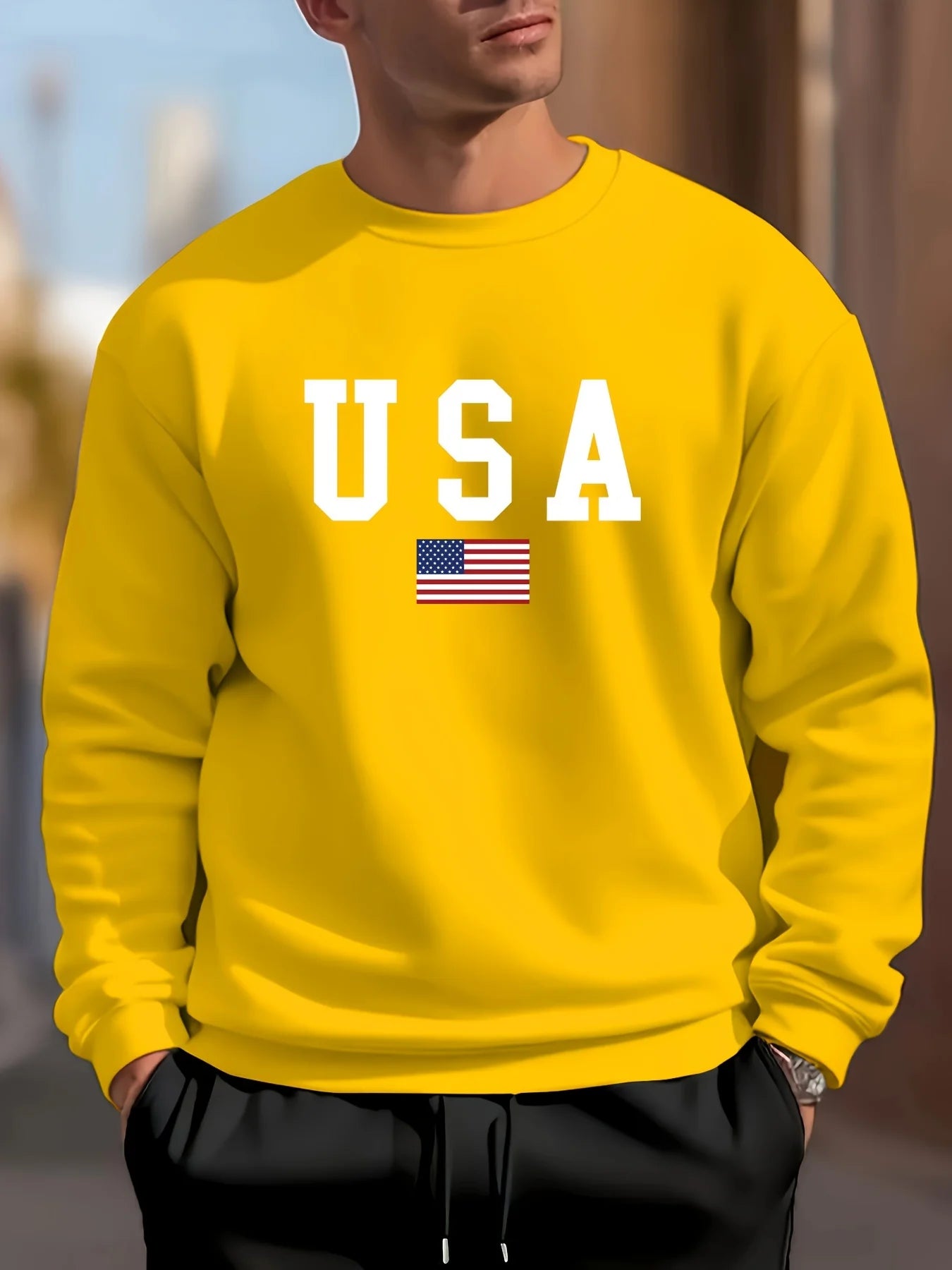Felpa Uomo Autunno Inverno Casual Allentata Stampa Bandiera Americana USA Girocollo Maniche Lunghe