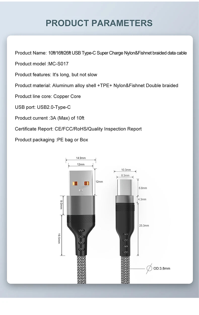 Cavo di Ricarica USB Tipo C 6A Esteso 1m 2m 3m 5m 8m Compatibile con Huawei Xiaomi OnePlus Oppo Vivo Treccia Durevole