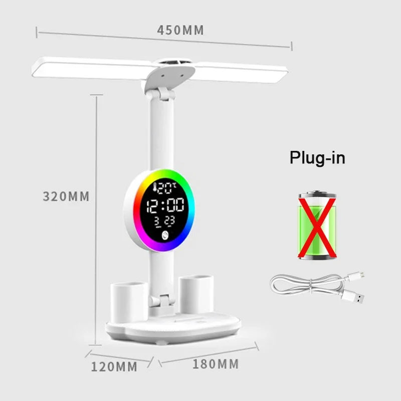 Lampada Da Tavolo Led Con Ventilatore Orologio Ricaricabile Luminosità Regolabile Per Studio Scrivania