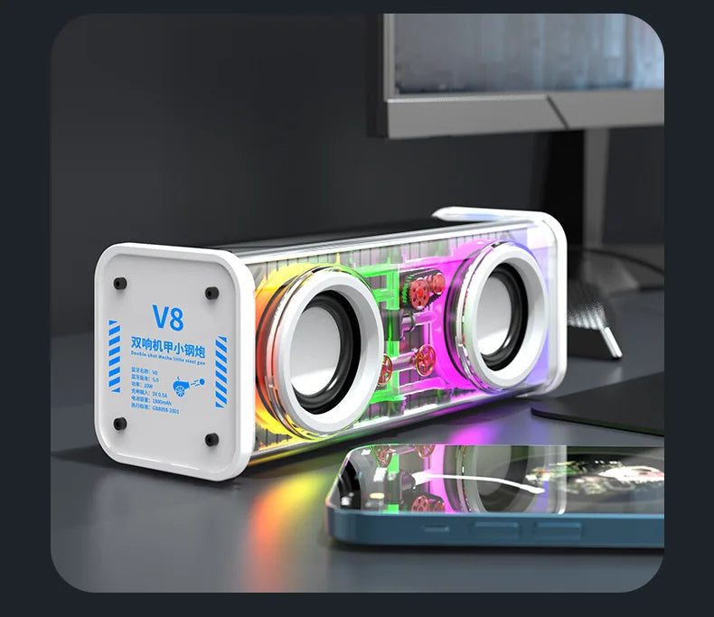 V8 Trasparente Altoparlante Bluetooth 5.0 Wireless Doppio Bassi Diaframma Subwoofer RGB Luce Mini Altoparlante per Festa