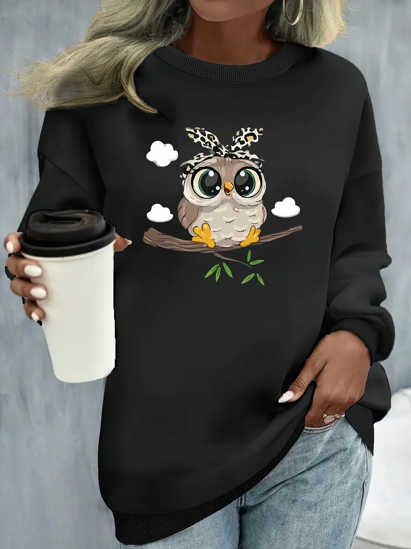 Pullover da Donna Autunno Inverno Casual Ampio con Motivo Gatto Caldo Stampato Girocollo a Maniche Lunghe