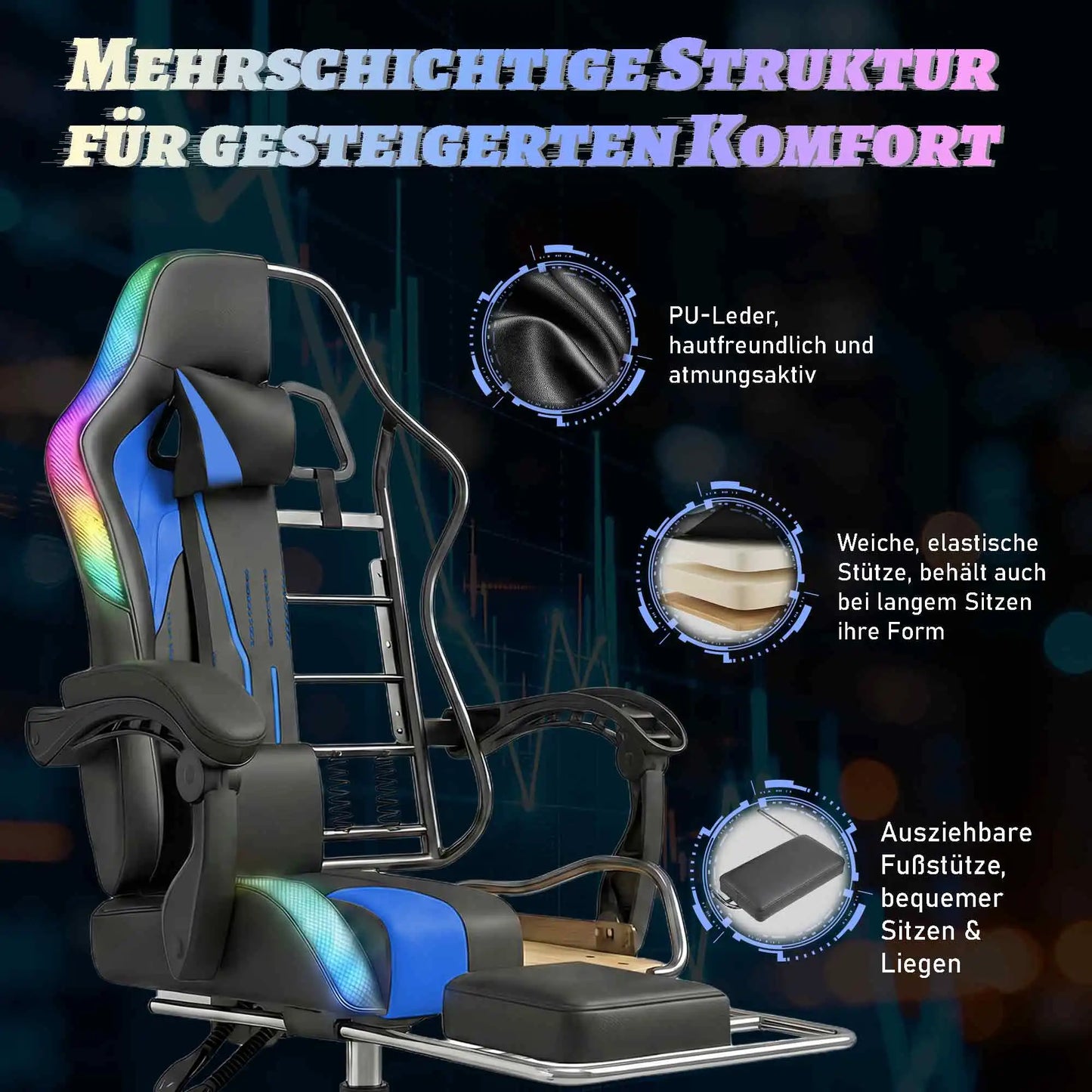 Sedia Da Gaming Ergonomica Devoko Con Illuminazione RGB Regolabile In Altezza E Inclinabile Per Gaming